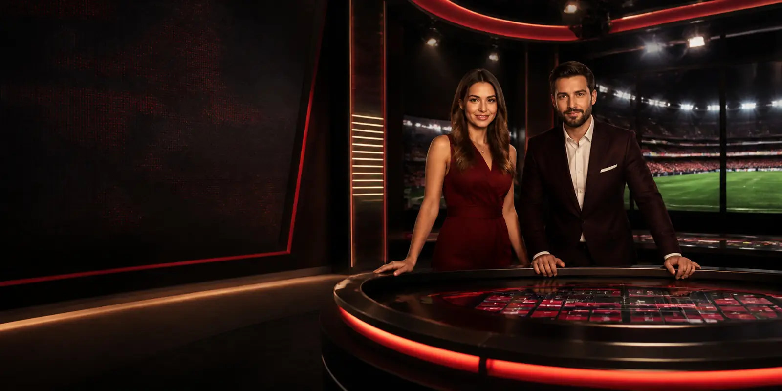 Sportowcy w studiu transmisji na żywo z logo BetLabel