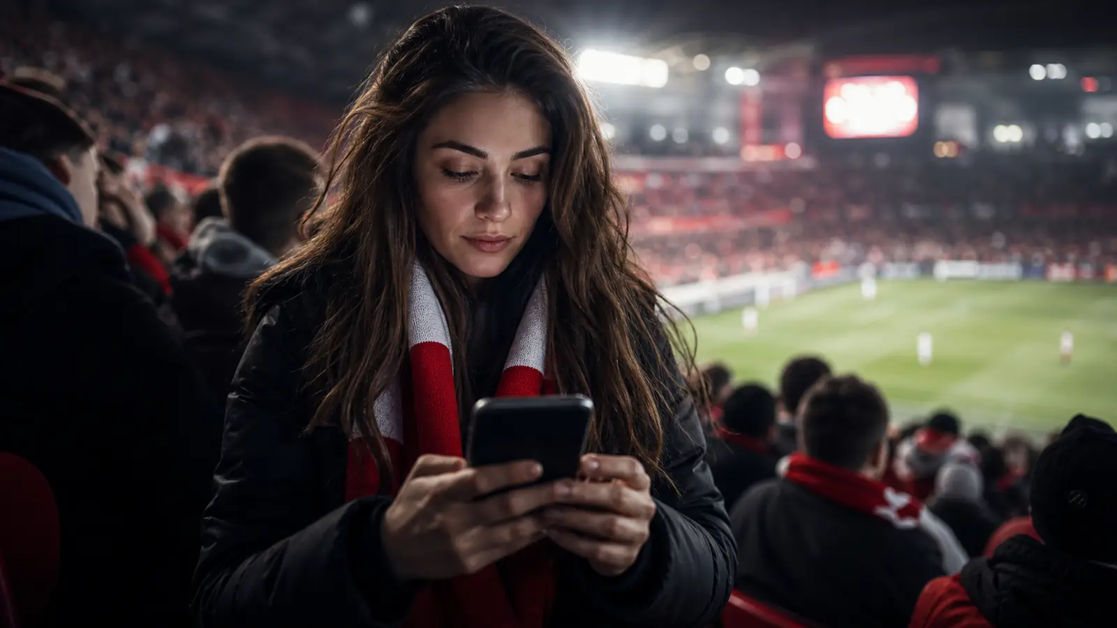 Dorosły kibic śledzi mecz na żywo na smartfonie z brandingiem BetLabel