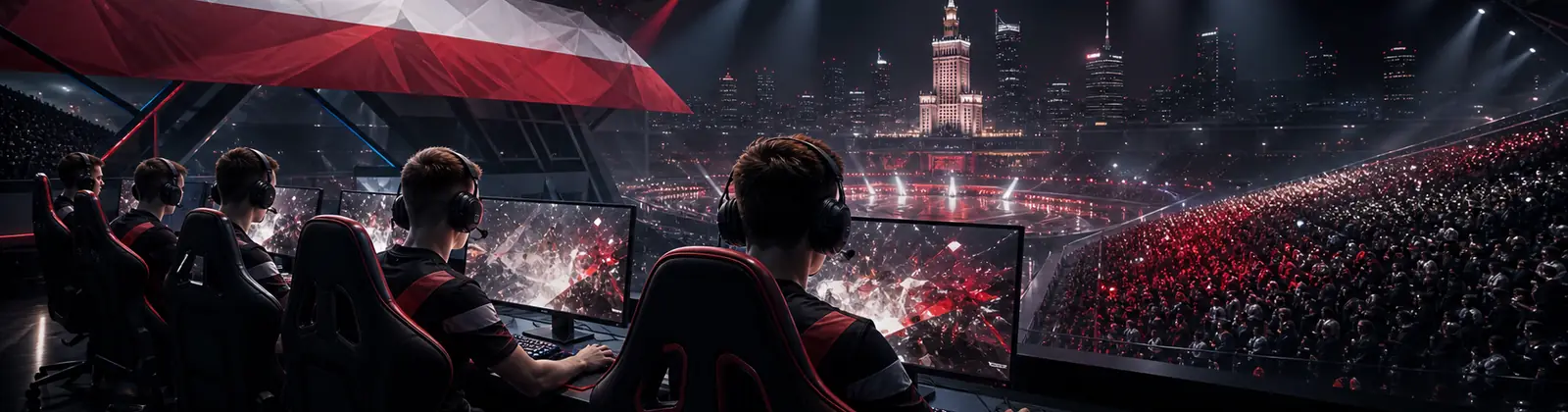 Gracze e-sportowi na środku areny z brandingiem BetLabel